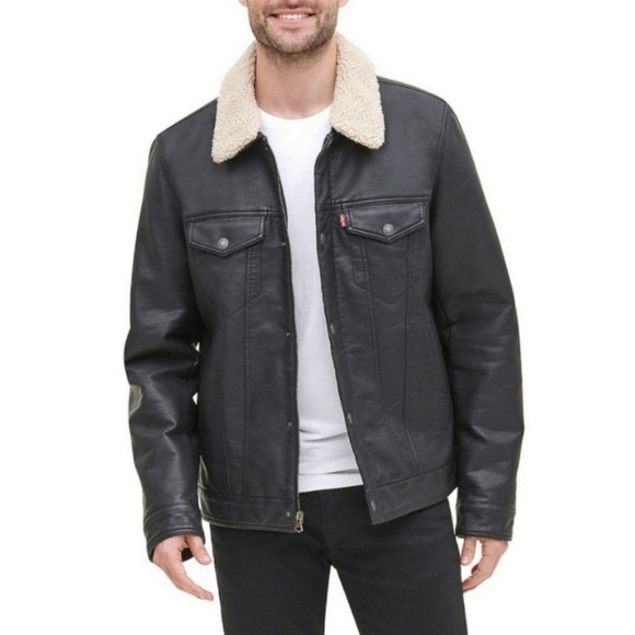 🆕Levis Vegan Faux Leather Trucker Jacket w/Removable Sherpa Collar Sz S